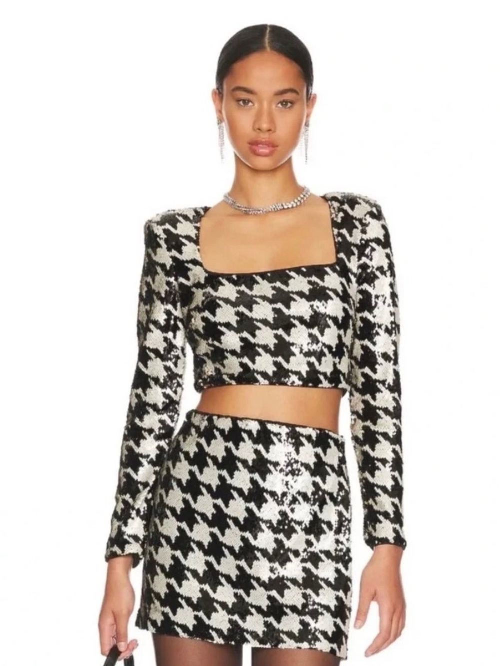 Astr Black & White Houndstooth Sequin Crop Top & Mini Skirt - Women